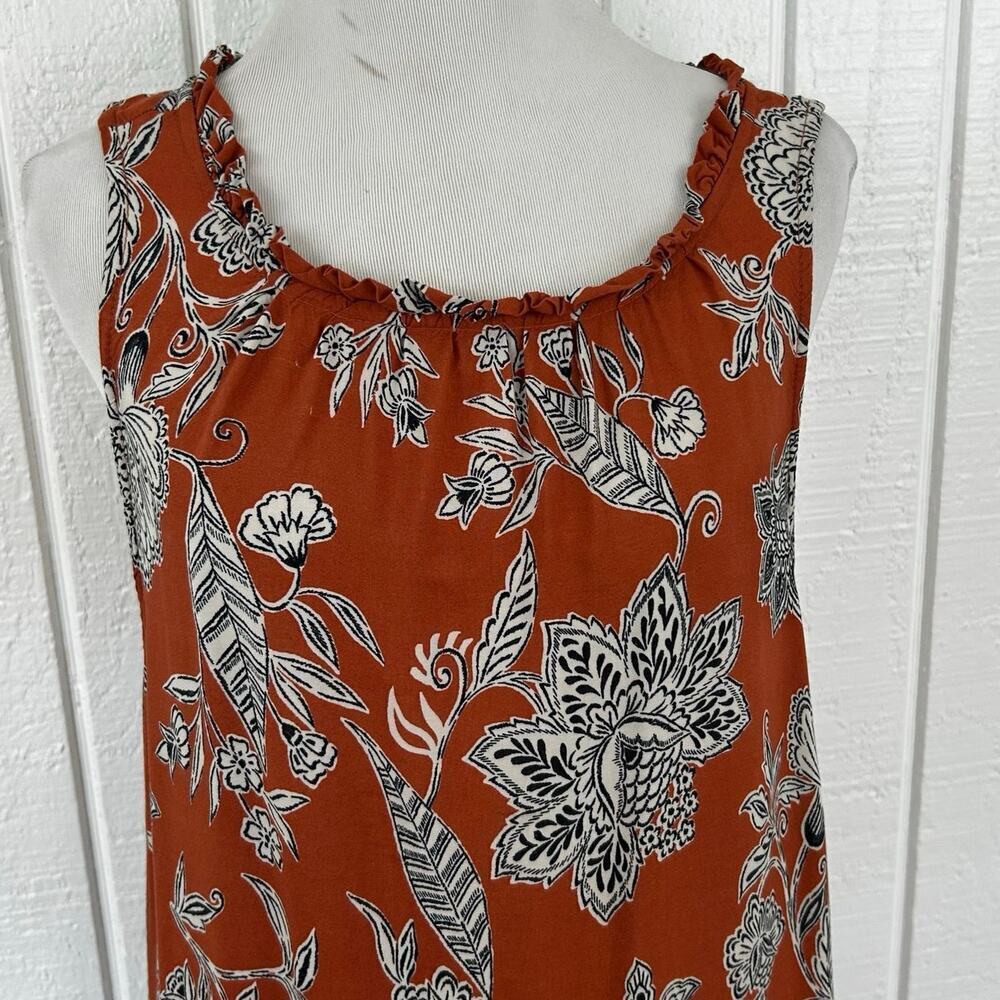 BeachLunchLounge Brown Floral Midi Dress Boho Ruffle Hem Sleeveless Large - Picture 4 of 9